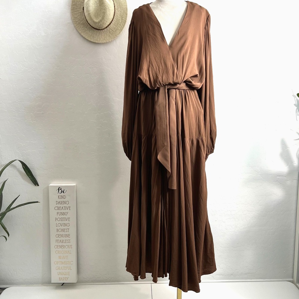 FTFLAB belted maxi dress plus size 2 brown ruffle long flowy soft feminine boho